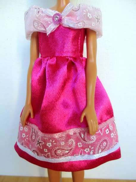 Barbie doll`s party dress - dark pink /printed ribbon