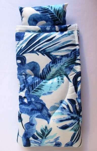 Barbie doll`s sleeping bag - blue tropical leaf