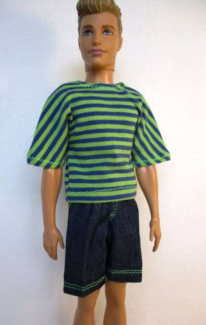 Ken doll`s shorts and striped tee - denim and green