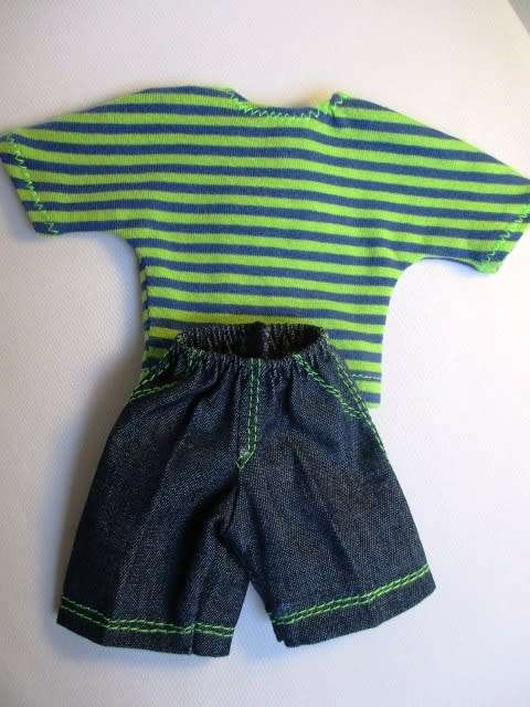 Ken doll`s shorts and striped tee - denim and green