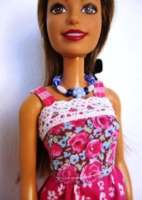 Barbie doll`s long dress, bag and necklace - pink/turquoise