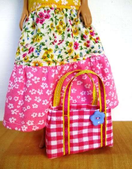 Barbie doll`s long dress, bag and necklace - pink/yellow