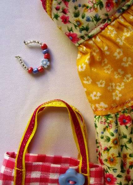 Barbie doll`s long dress, bag and necklace - pink/yellow