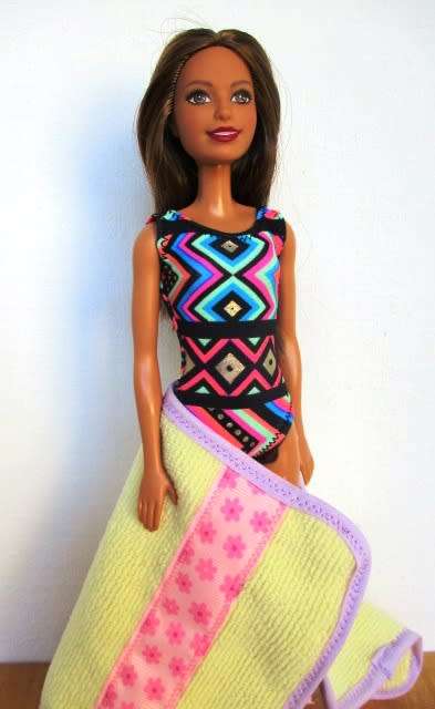 Barbie doll`s bathing costume and beach towel - brights with yellow towel