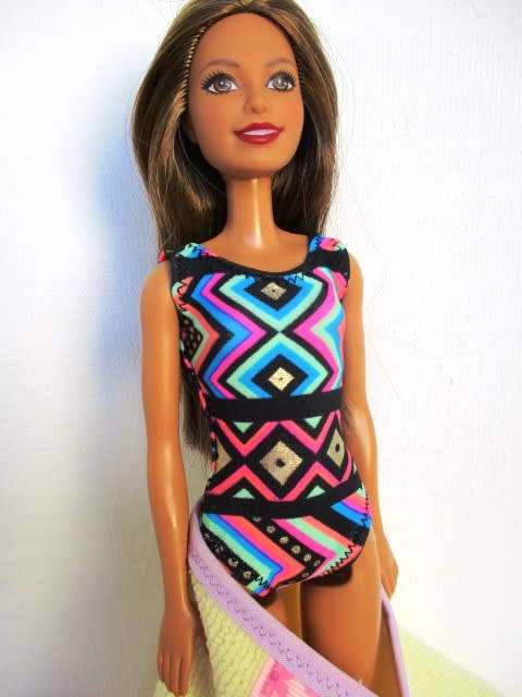 Barbie doll`s bathing costume and beach towel - brights with yellow towel
