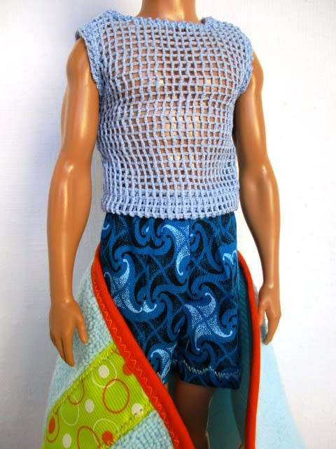 Ken doll`s beach set - swim shorts, mesh vest, beach towel