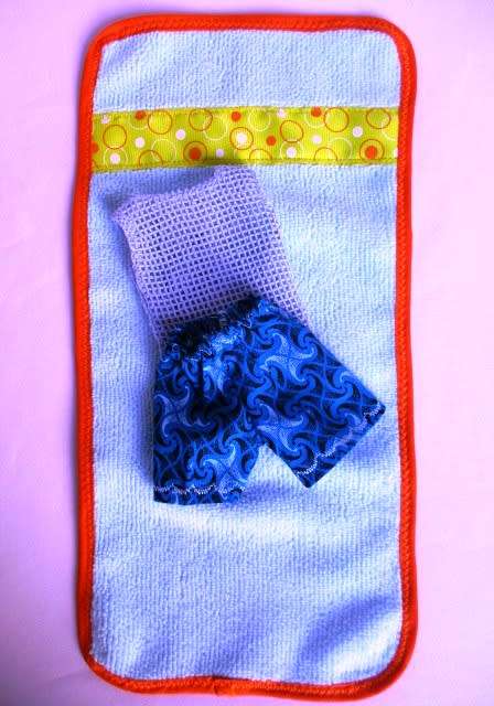 Ken doll`s beach set - swim shorts, vest, beach towel - blue