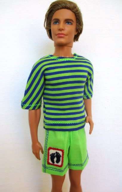 Ken doll`s shorts and t-shirt - lime and navy stripe