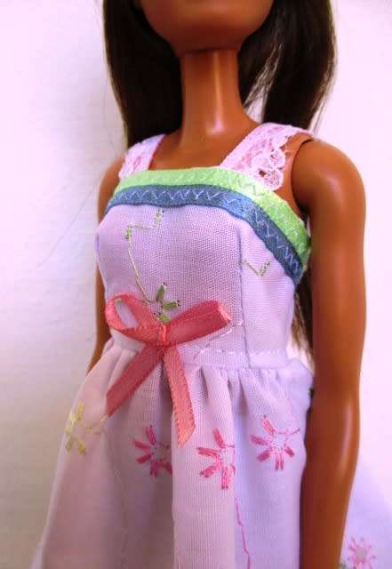Barbie doll`s summer nightie - embroidered anglaise green/blue ribbon