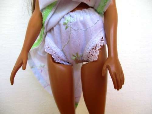 Barbie doll`s summer nightie - embroidered anglaise green/blue ribbon