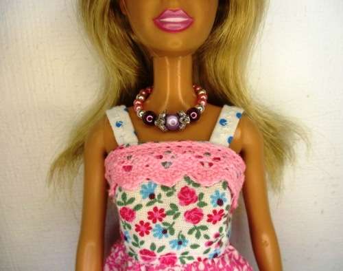 Barbie doll`s long dress, bag and necklace - pink/turquoise