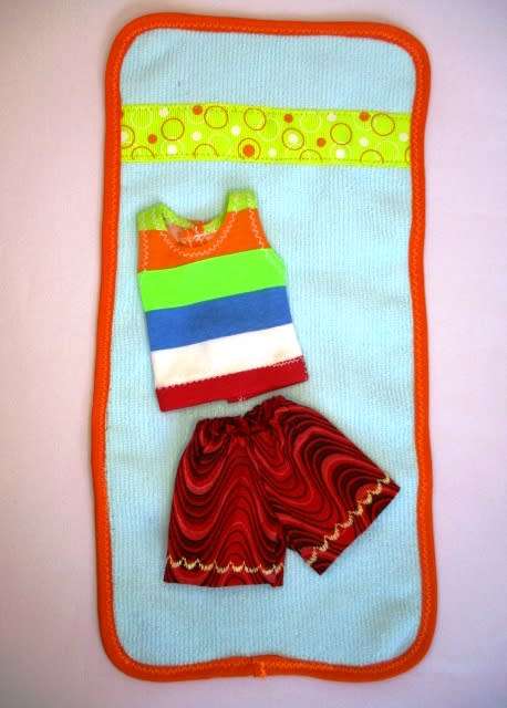 Ken doll`s swim shorts, muscle vest and beach towel set - red/blue towel