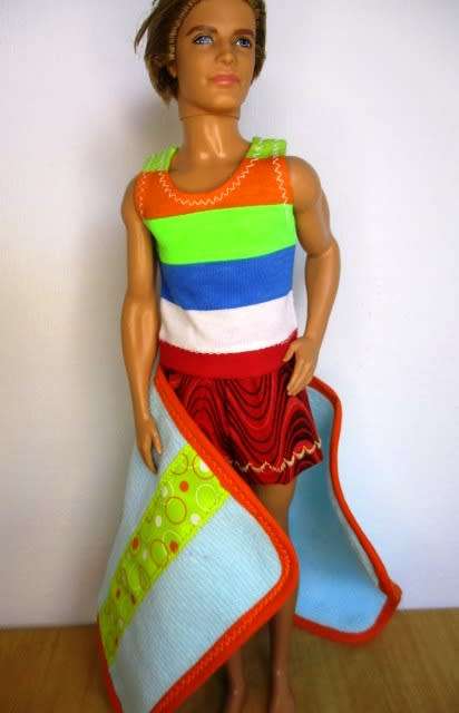 Ken doll`s swim shorts, muscle vest and beach towel set - red/blue towel
