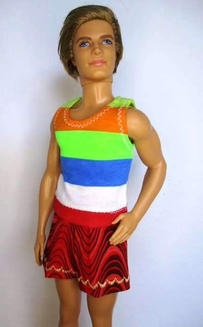 Ken doll`s swim shorts, muscle vest and beach towel set - red/blue towel