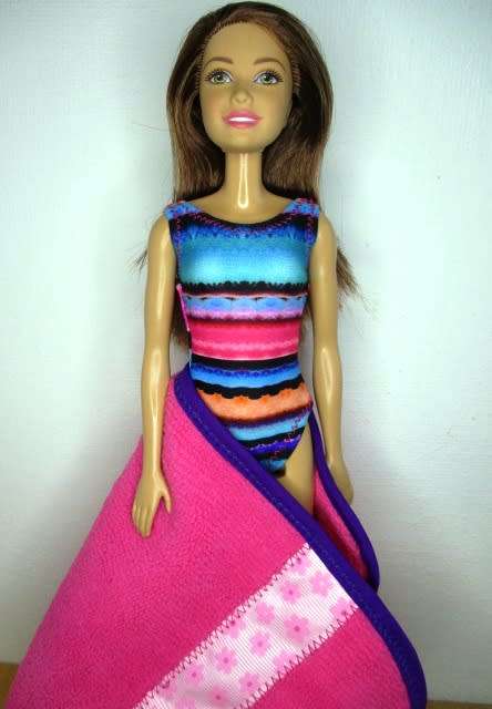Barbie doll`s lycra bathing costume and beach towel - bright stripe