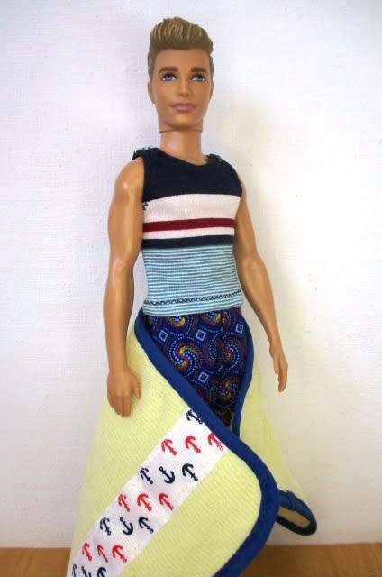 Ken doll`s swim shorts, muscle vest and beach towel - blue/yellow