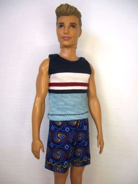 Ken doll`s swim shorts, muscle vest and beach towel - blue/yellow