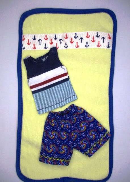 Ken doll`s swim shorts, muscle vest and beach towel - blue/yellow