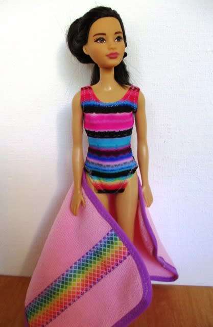 Barbie doll`s bathing costume and towel set - bright stripe/pink