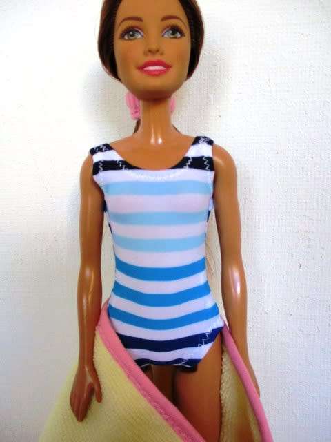 Barbie doll`s bathing costume and towel set - blue stripe/yellow