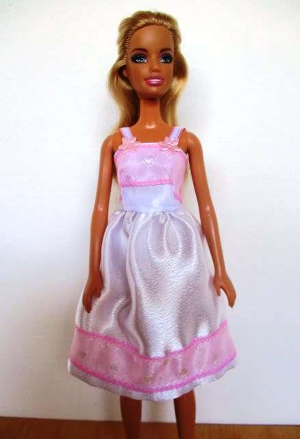 Barbie doll`s party dress - white/pink ribbon