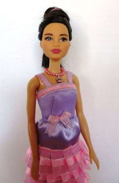 Barbie doll`s party dress - mauve/pink pleated ribbon/necklace