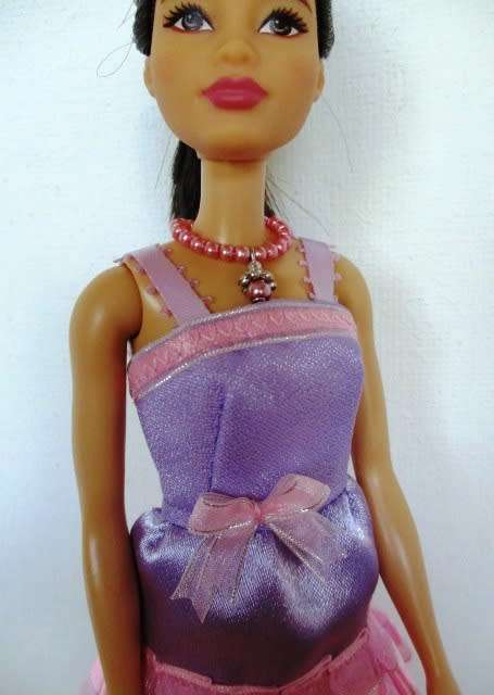 Barbie doll`s party dress - mauve/pink pleated ribbon/necklace