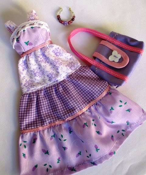 Barbie doll`s long dress plus necklace and bag - mauve