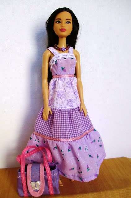 Barbie doll`s long dress plus necklace and bag - mauve