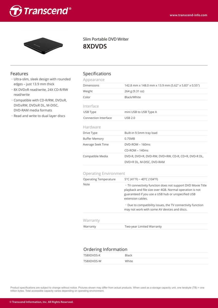 Transcend Slim Portable DVD Writer