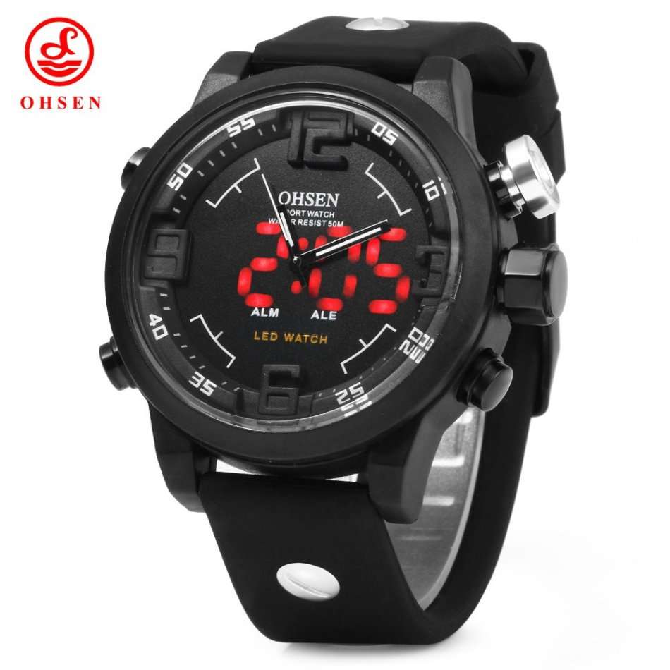 OHSEN AD2820 Men Big Dial Silicone Sports LED Quartz Watch 5ATM Water Resistant with Date Week Alarm