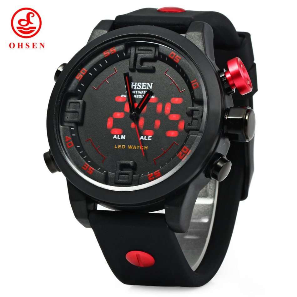 OHSEN AD2820 Men Big Dial Silicone Sports LED Quartz Watch 5ATM Water Resistant with Date Week Alarm