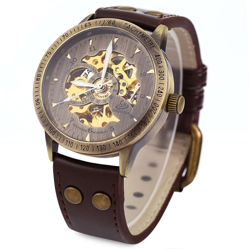 Brown Shenhua 9259 Men Mechanical Watch Hollow Wristwatch Leather Band Roman Numerals