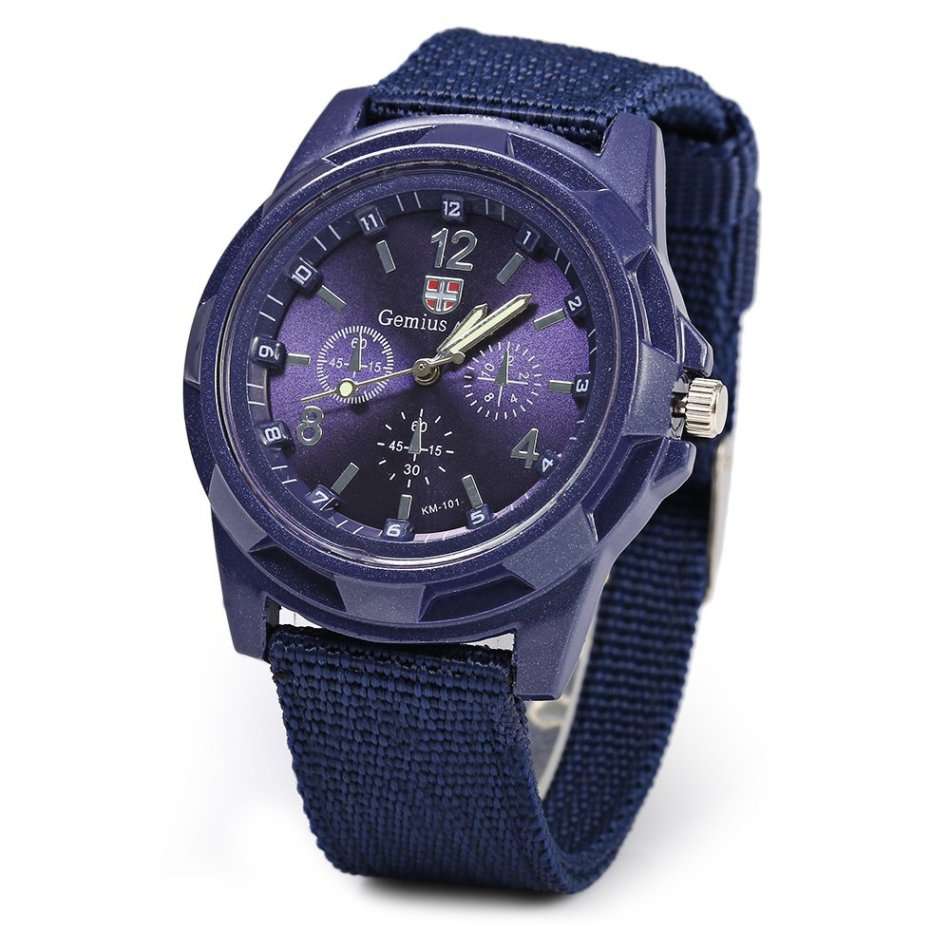 Blue Gemius Army Male Quartz Watch Knitted Canvas Band Sport Wristwatch