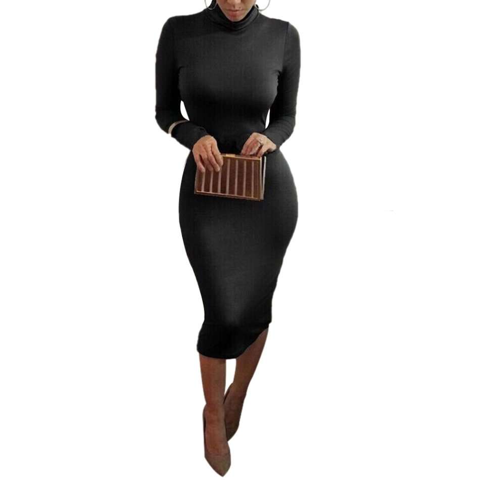 Sexy Club Party Women Long Sleeve Solid Color Bodycon Dress