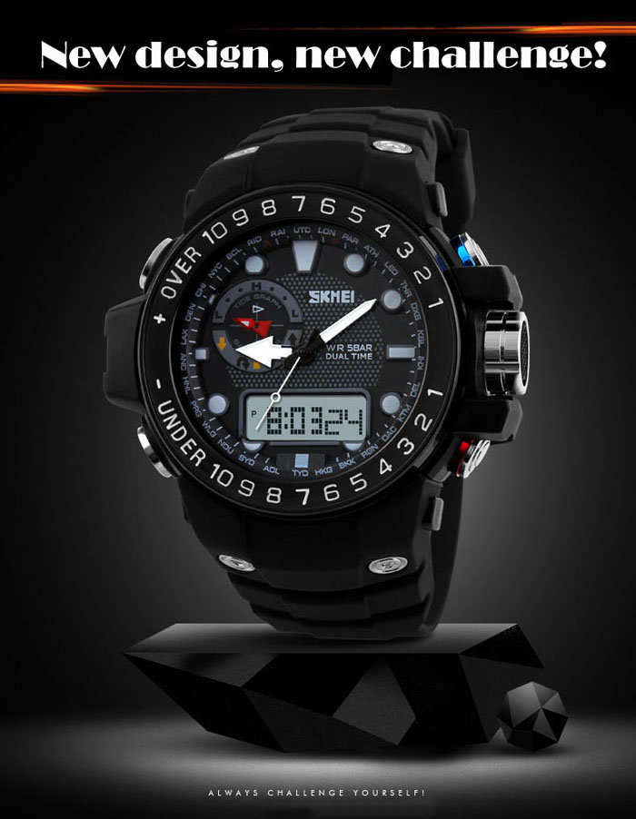 BLACK Sports Watch with Large Dial Water Resistance Double Movt Calender Week Alarm Stopwatch