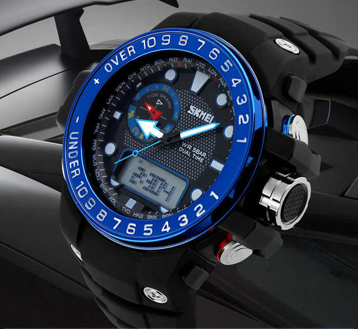 BLUE Sports Watch with Large Dial Water Resistance Double Movt Calender Week Alarm Stopwatch