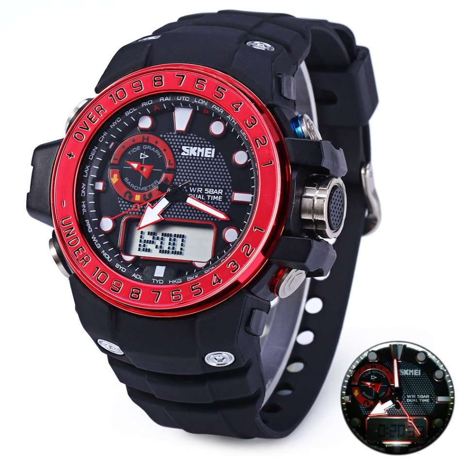 Red Sports Watch with Large Dial Water Resistance Double Movt Calender Week Alarm Stopwatch