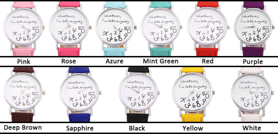 Letter Number Pattern Ladies Quartz Watch Candy Color Leather Strap