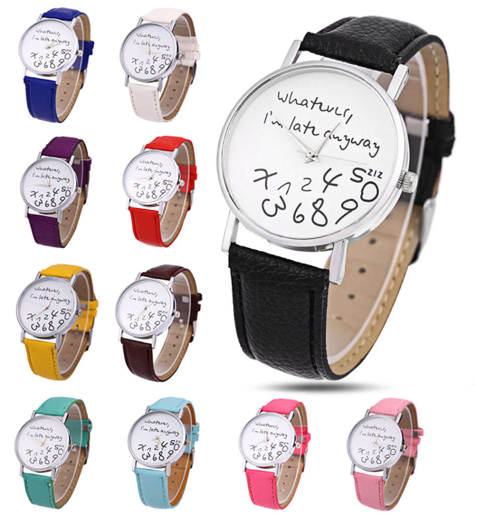 Letter Number Pattern Ladies Quartz Watch Candy Color Leather Strap