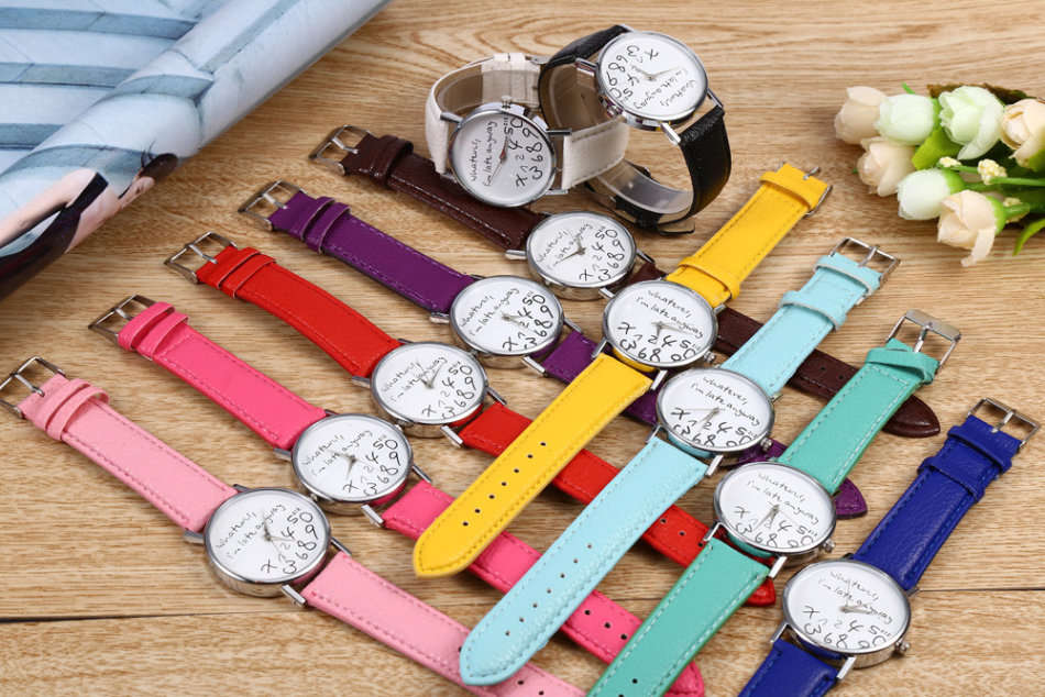 Letter Number Pattern Ladies Quartz Watch Candy Color Leather Strap