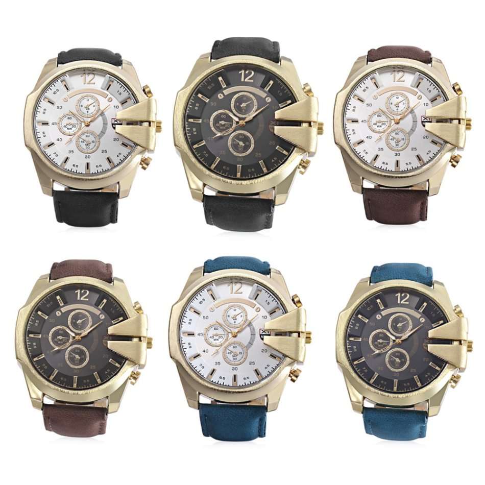Xinew 0201 Male Quartz Watch Large Dial Decorative Sub-dial Luminous PU Band Wristwatch