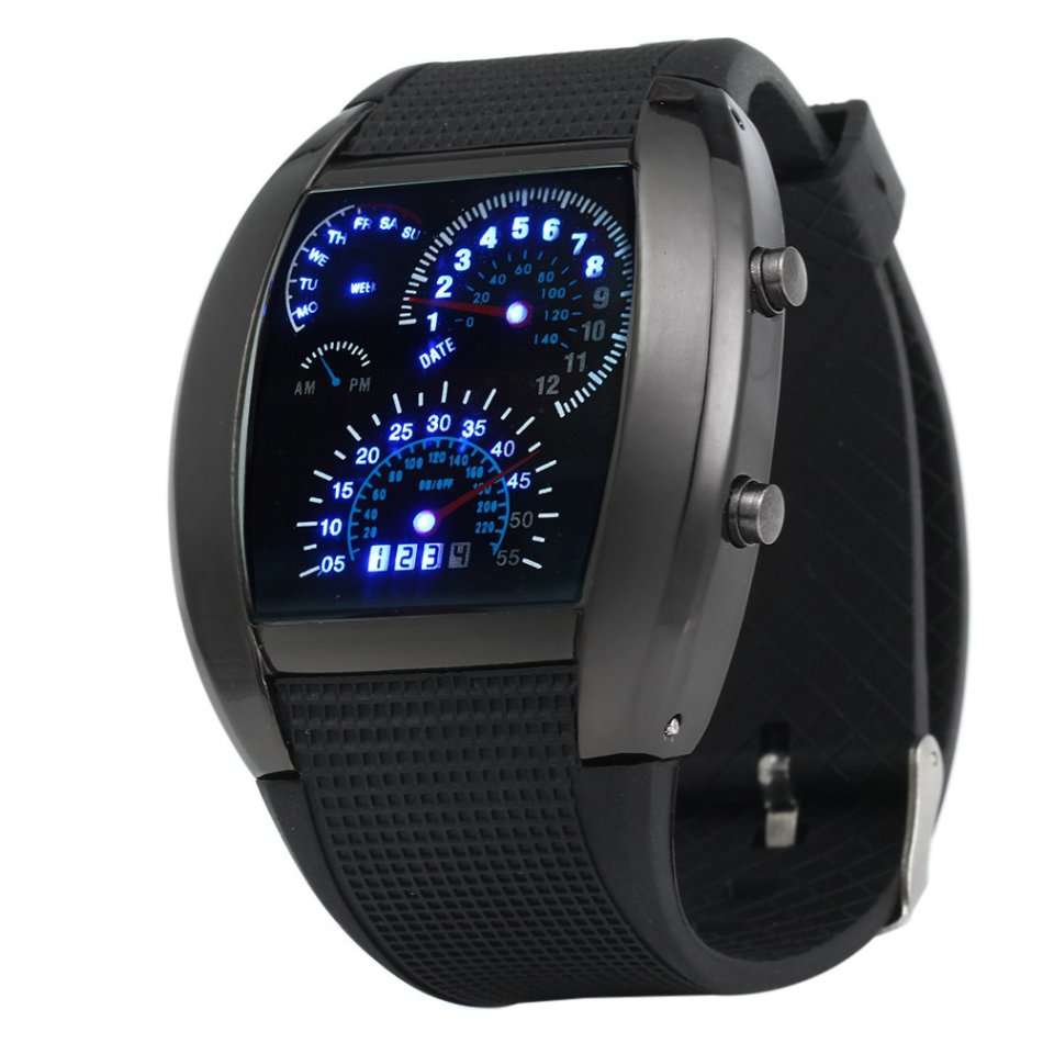 BLACK Rubber Band LED Car Watch / Table with Blue Light Display Time Arch Shaped