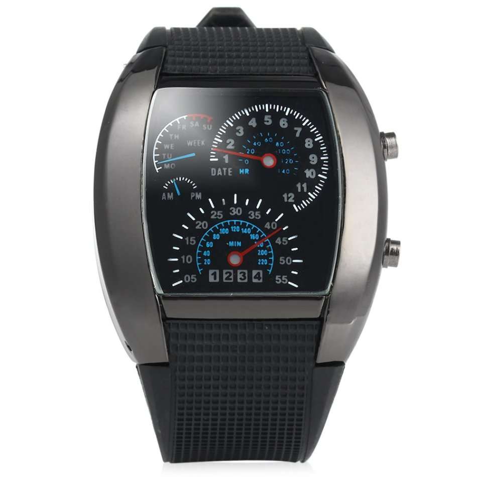 BLACK Rubber Band LED Car Watch / Table with Blue Light Display Time Arch Shaped