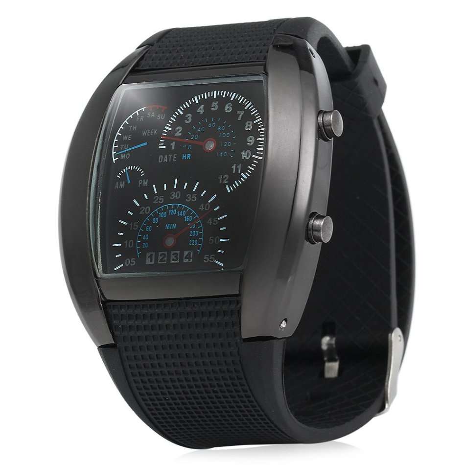 BLACK Rubber Band LED Car Watch / Table with Blue Light Display Time Arch Shaped