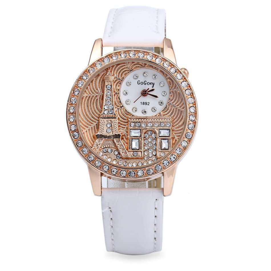 Gogoey 1892 Women Rhinestone Quartz Watch Eiffel Tower Embossment Pattern