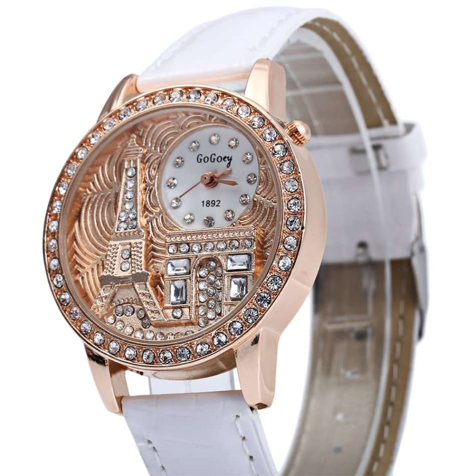 Gogoey 1892 Women Rhinestone Quartz Watch Eiffel Tower Embossment Pattern