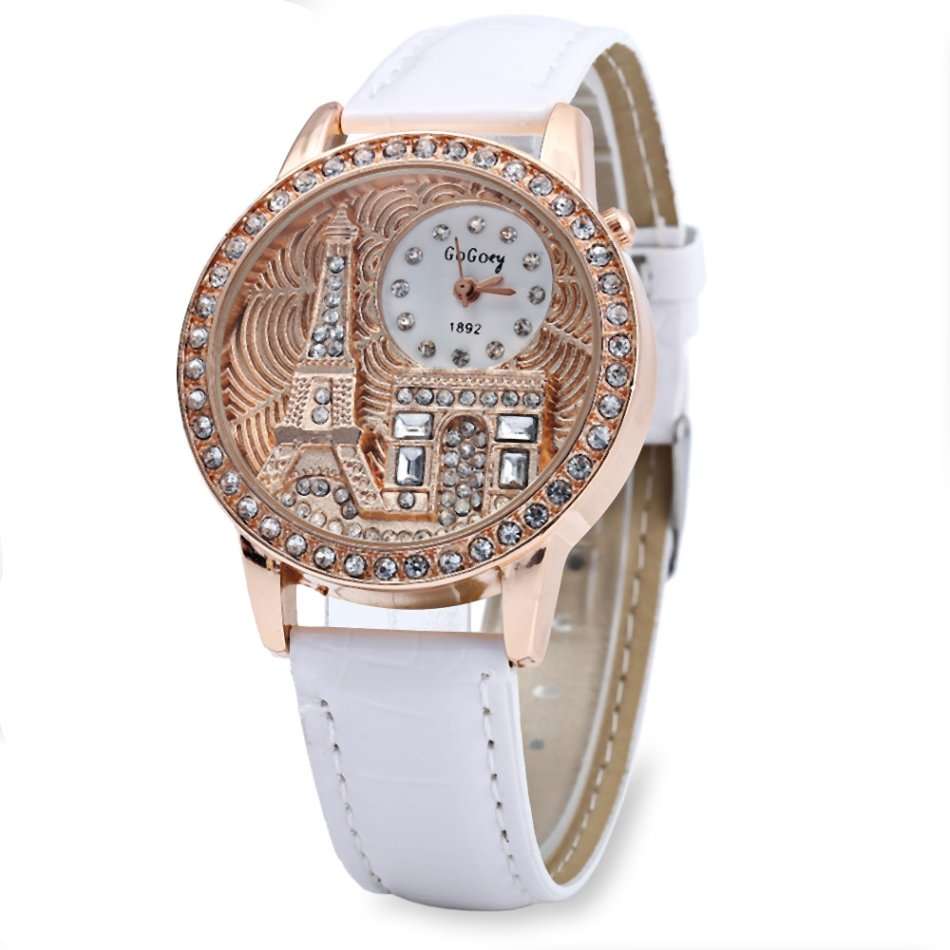 Gogoey 1892 Women Rhinestone Quartz Watch Eiffel Tower Embossment Pattern
