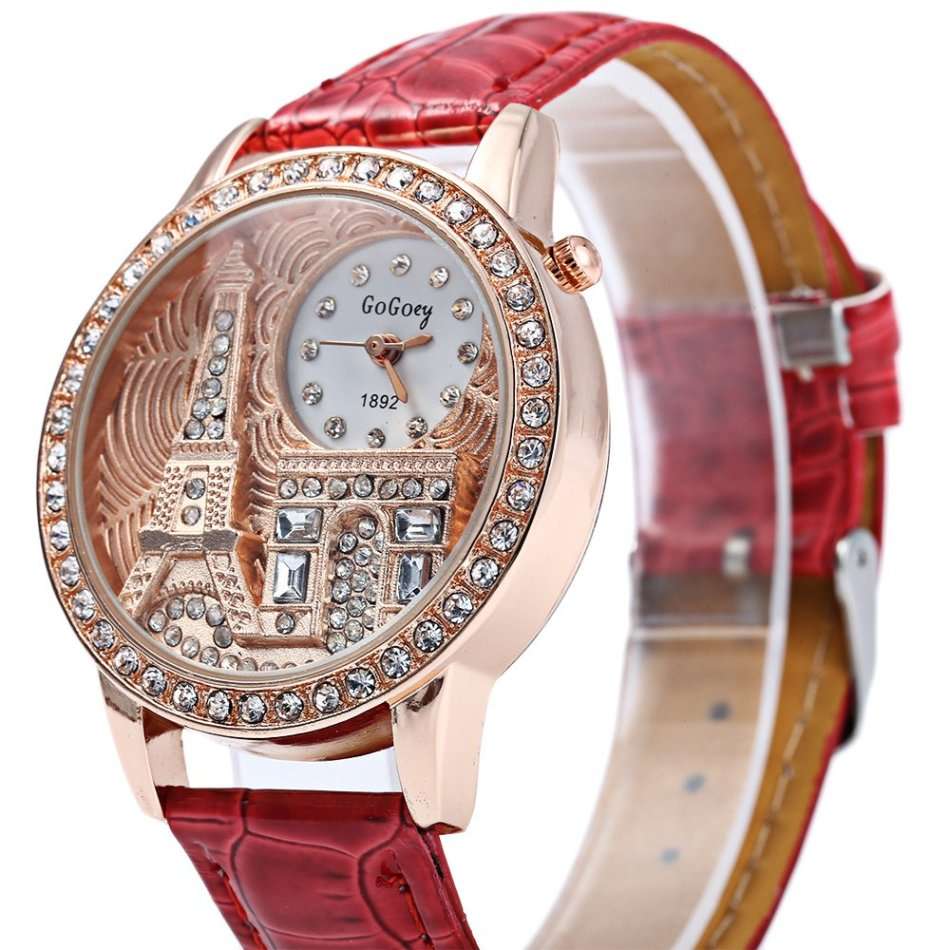 Gogoey 1892 Women Rhinestone Quartz Watch Eiffel Tower Embossment Pattern