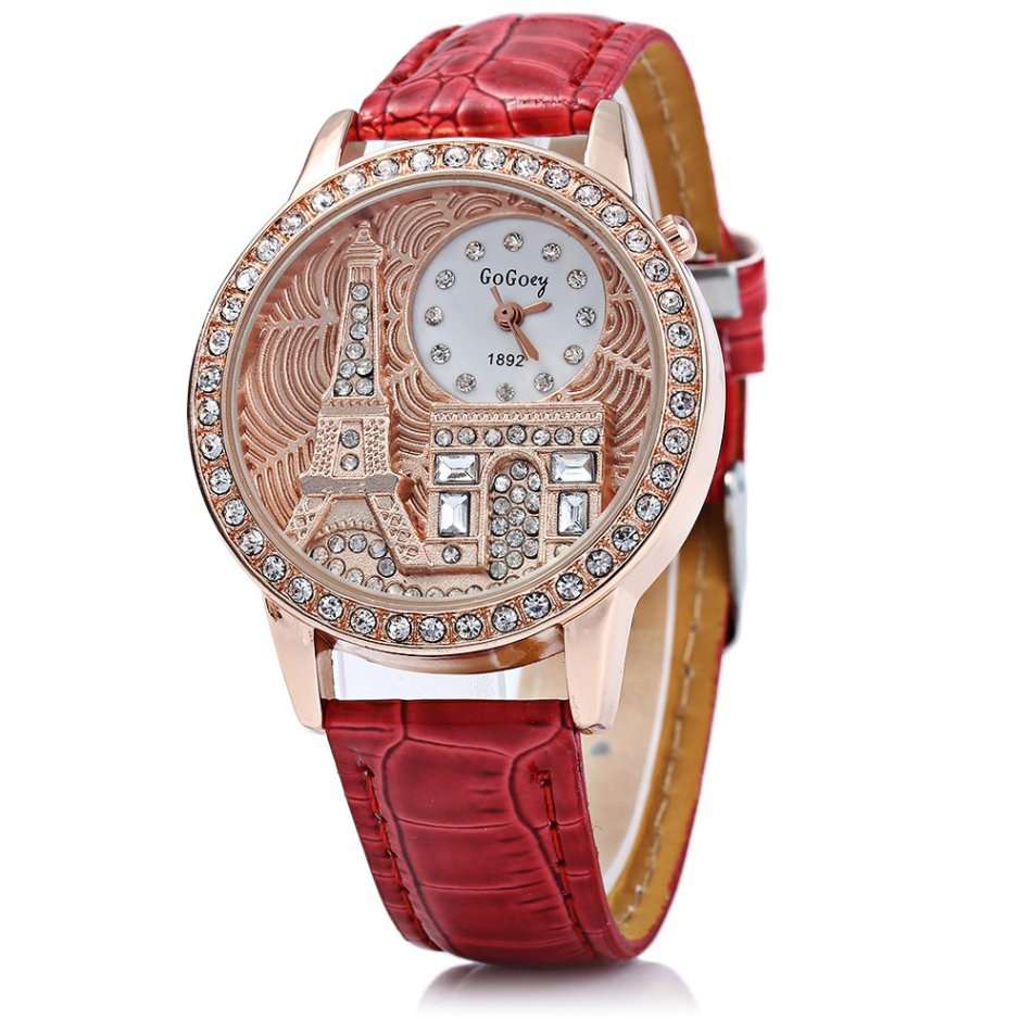 Gogoey 1892 Women Rhinestone Quartz Watch Eiffel Tower Embossment Pattern